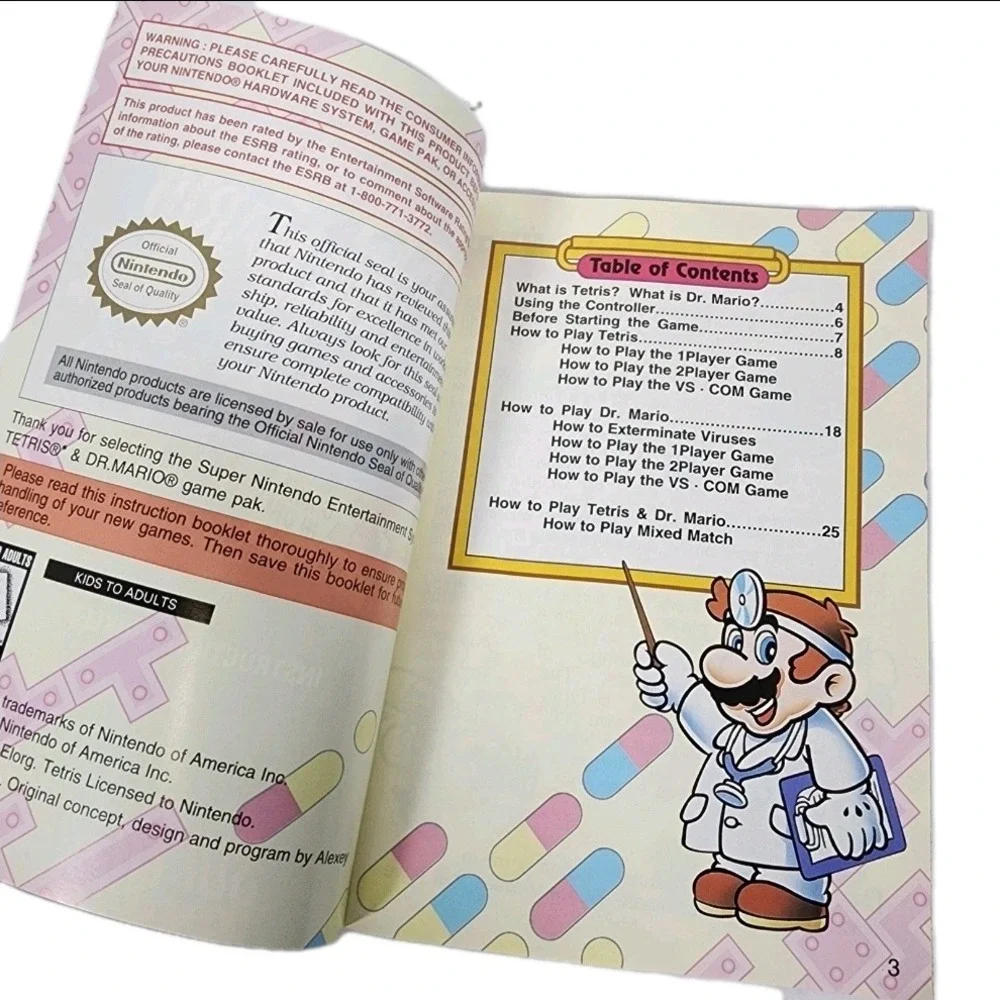 Tetris & Dr Mario Instruction Booklet Super Nintendo Entertainment System SNES‎